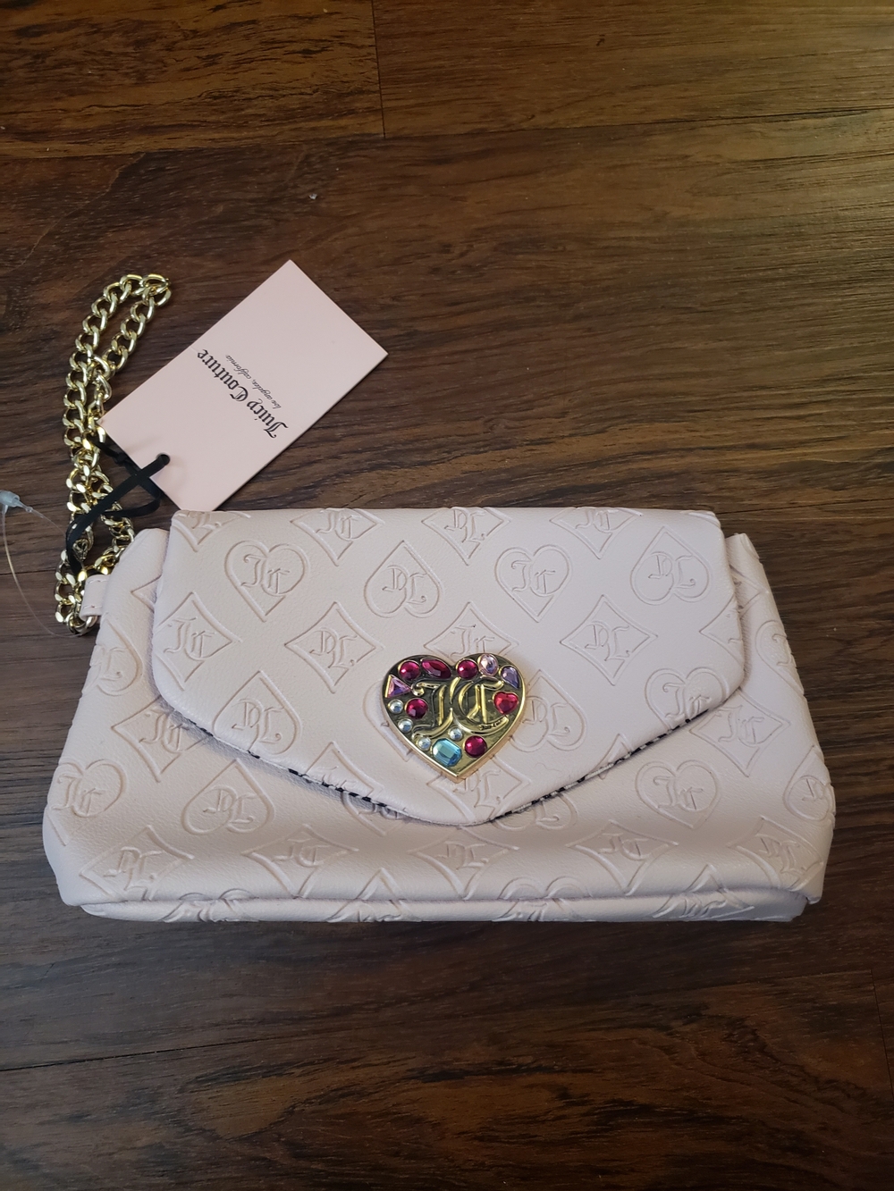 Juicy Couture Blush Pink Embossed Clutch with Gold Chain New Chic Feminine